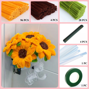 128 PCS * Pipe Cleaner Chenille Stems Handmade 12 cm Sunflower Making Kit DIY Art Flower Bouquet Craft Set Hot Glue Sticks Tape - Golden