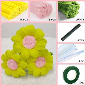 65 PCS * Pipe Cleaner Chenille Stems Handmade Sunflower Making Kit DIY Art Flower Bouquet Craft Set Hot Glue Sticks Tape  - Yellow