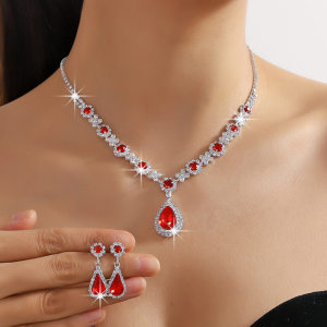 Women's Red Color Fashion Wedding Jewelry Luxury Crystal Pearl Necklace/EarringsLadies Jewelry Sets for Bridal