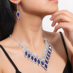 Women's Blue Fashion Wedding Jewelry Luxury Crystal Pearl Necklace/EarringsLadies Jewelry Sets for Bridal
