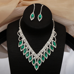 Women's Green Fashion Wedding Jewelry Luxury Crystal Pearl Necklace/EarringsLadies Jewelry Sets for Bridal
