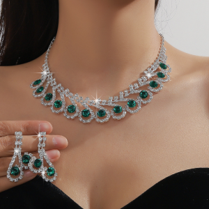 Women's Green Fashion Wedding Jewelry Luxury Crystal Pearl Necklace/Earrings Ladies Jewelry Sets for Bridal