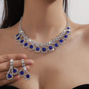 Women's Blue Fashion Wedding Jewelry Luxury Crystal Pearl Necklace/Earrings Ladies Jewelry Sets for Bridal
