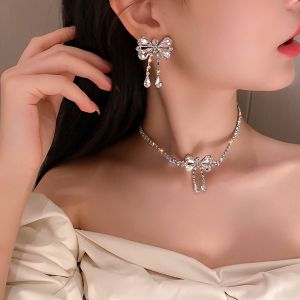 Women's White Fashion White Butterfly Wedding Jewelry Luxury Crystal Pearl Necklace/Earrings Ladies Jewelry Sets for Bridal