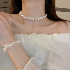 Women's Silver Pearl Fashion Wedding Jewelry Luxury Crystal Pearl Necklace/Earrings/Bracelet Ladies Jewelry Sets for Bridal