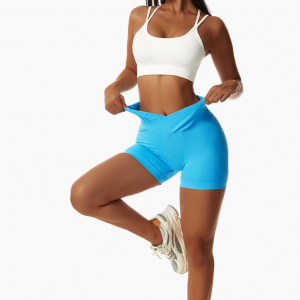 Blue Women Sports Shorts High Waist Yoga Shorts Slim Fit Butt Lift Gym Running High Elastic Biker Shorts - M