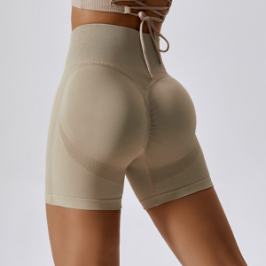 Beige Women Sports Shorts High Waist Yoga Shorts Slim Fit Butt Lift Gym Running High Elastic Biker Shorts - M