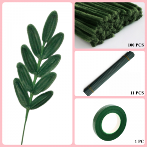 100 PCS * Pipe Cleaner Chenille Stems Handmade 9 Leaves Making Kit DIY Art Flower Bouquet Craft Set  - Green