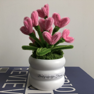 Handmade Pipe Cleaner Pink Love Hearts Green Leaves with Flowers Potted Plant Artificial Simulation Flowers Indoor Home Desktop Party Wedding Decor 